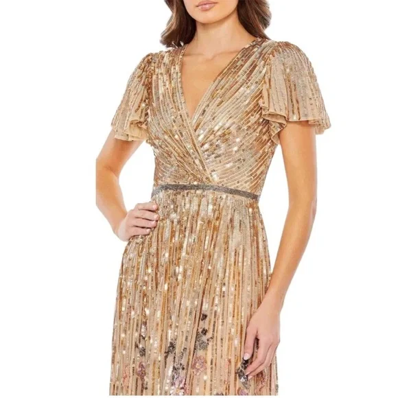 Mac Duggal Floral Sequins Flounce Sleeve V Neck Gown Copper 5637 NWT - Picture 3 of 9